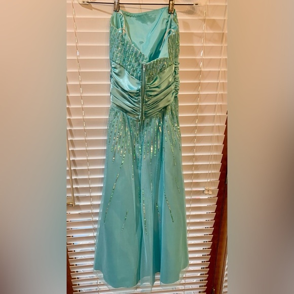 Masquerade Aqua Sequined Strapless MIDI Cocktail Prom Dress Size 3/4 Y2K Vintage - Picture 2 of 8